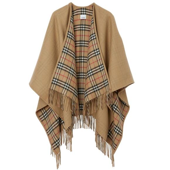 NEW BURBERRY BEIGE CHECK CAPE PONCHO SHAWL REVERSIBLE WRAP NWT - Picture 1 of 11
